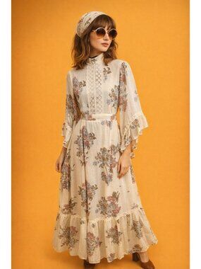 Vintage 70s Gunne Sax Style Floral Maxi Dress Lace Flutter Long Bell Sleeves Wom